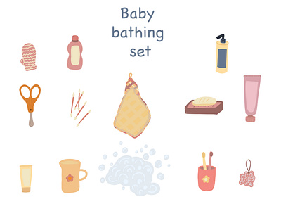 Baby bathing set baby background bath bathing branding cartoon child childhood design gruop ill illustration kids objects set