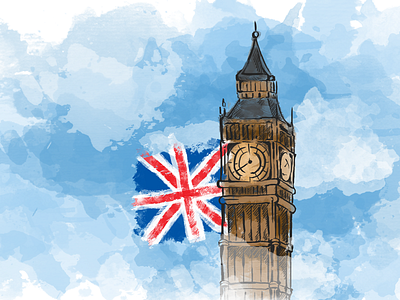 I Painted The Clock Tower bigben drawing england flag great britain illustration landmark sight united kingdoms watercolor