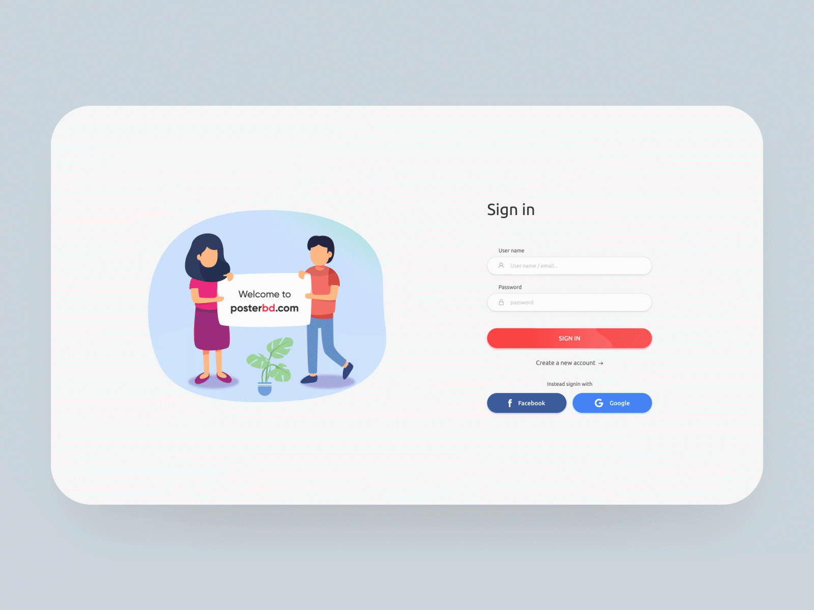 Login Screen account android animation app branding clean facebook flat google login login page mobile motiongraphics posterbd signnup ui user interface ux website website design