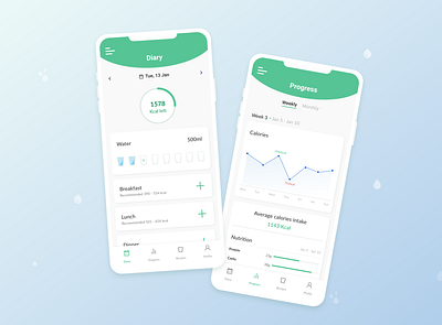 Diet and water intake tracker app branding design ui