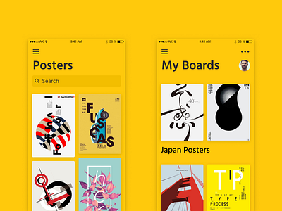 Posters App app apple board content design ios iphone menu style yellow