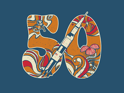 Apollo 11 at 50: Option 3 1969 apollo apollo 11 design groovy illustration moon landing nasa psychedelic retro saturn v space