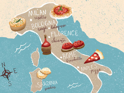 Italian food map by Region florence food foodillustration handlettering illustratedmap italy italymap lettering map pizza rome type