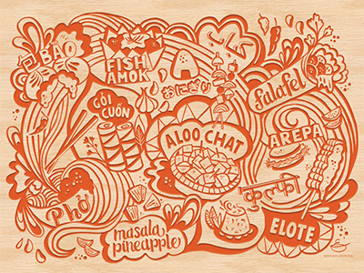 Street Food Mural • Global Technology Giant asianfood bao design elote falafel food foodillustration handlettering illustratedfood lettering pho type