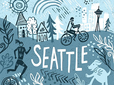 Seattle Summer Illustration bike dog hand illustration illustrator lettering seattle seattleskyline spaceneedle type