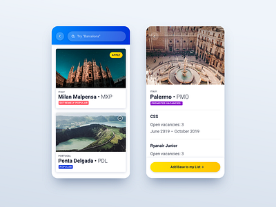Base Transfer - List and Detail View app badge blue blue and yellow card city design details list mobile ryanair search search bar ui ux
