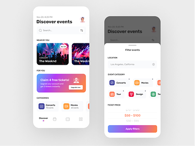 Event Booking App UI - Light version app booking category clean concept design concert design events movies ui ux zihad