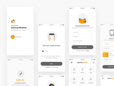 aamarWallet - Apps Wireframe - 01 app clean design illustration ios minimal money ui wallet app zihad