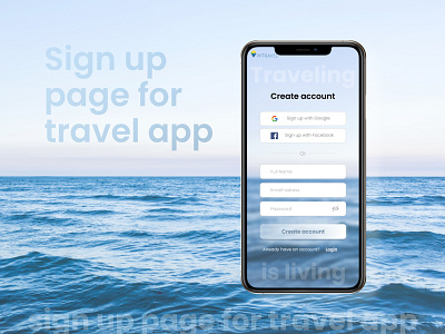 Sign up page for travel app