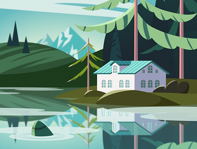 House by the lake, daytime landscape academic work day daytime landscape forest house illustration lake landscape skillbox vector