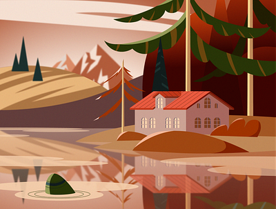 House by the lake, autumn landscape academic work autumn autumn landscape forest house illustration lake skillbox vector