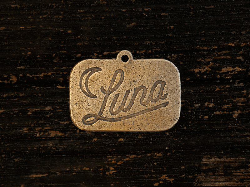 Luna's Brass Dog Tag brass dog dog tag etched hunter oden moon typography vintage
