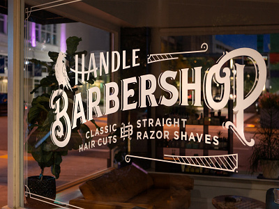 Handle Barbershop Window Decal arkansas barbershop branding flat hunter oden lettering lockup monogram typography vintage