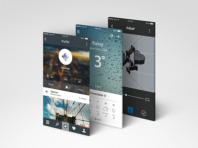 Three GUI Concept Design app application concept gui interface iphone mobile mock up profile ui ux weather