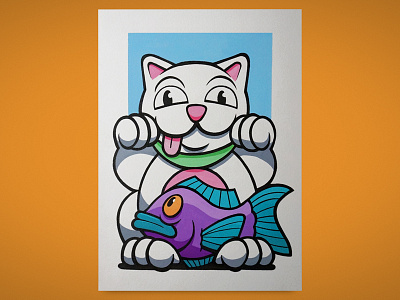 Maneki-Neko art cartoon cat character drawing gouache illustration paint