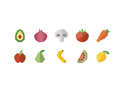 Pixel Icons apple avocado banana fruit icons mushroom onion pear pixel tomato watermelon