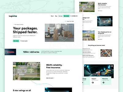 Logistico app branding currier design development figma home page illustration landing page logistic logo map services ui ux web development webdesign
