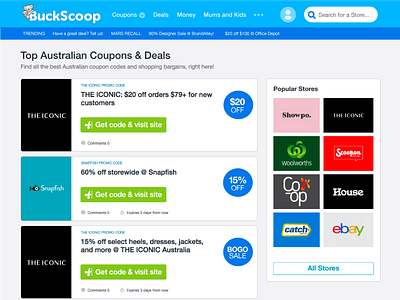 Buckscoop Coupon Page deals webpage