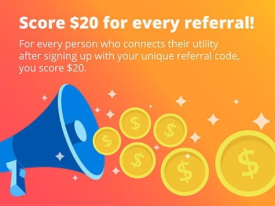 OhmConnect Newsletter Referral Graphic announcements coins currency deal dollar dollars friend friends gold gradient megaphone money ombre orange red red and blue refer referral sign up speaker