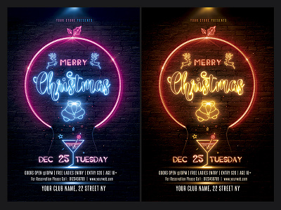 Christmas Neon Flyer celebration christmas christmas flyer christmas party design elegant merry christmas neon flyer new year new year flyer nye poster template xmas