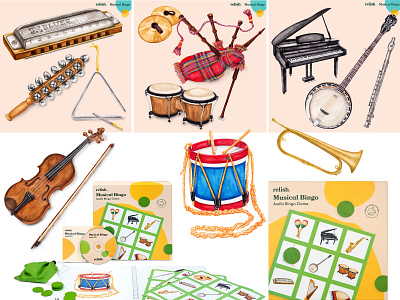 Watercolour illustrations of musical instruments bingo game