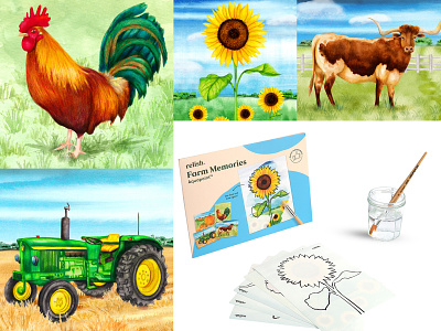 Farm Yard illustrations for a dementia activity product activities illustration bright colourful dementia farming lifestyle mental health mental health awareness painting watercolour illustration