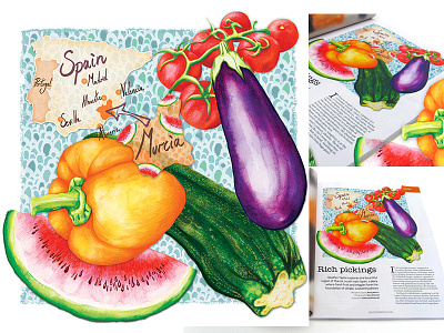 Food Illustration For Jamie Magazine editorial food illustration map mediterranean pepper tomatoes vegetables watermelon