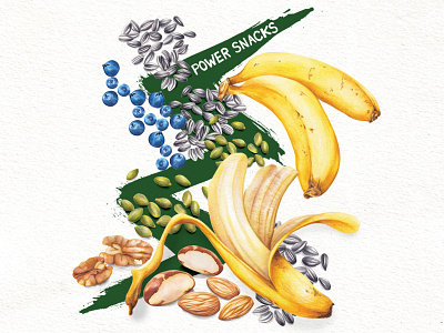 Powersnacks bananas blueberries fitness foods food illustration fruit healthy eating lifestyle nuts and seeds