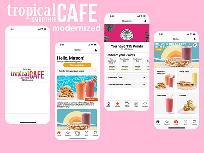 Tropical Smoothie Cafe App; Modernized food app food ordering app mobile modern app ordering app restaurant restaurant app smoothie smoothie app streamlined app tropical smoothie cafe white themed app