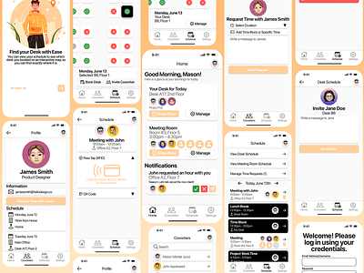 OfficeBook 📌 All Screens 2D book meetings booking app co worker app coworking ui meeting app meeting room app mobile office app onboarding ui profile ui work app work ui