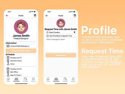 OfficeBook Feature: Coworker Profile & Request Time 📌 app co worker co worker app coworker coworker app coworker scheduling app meeting app mobile profile app profile screen profile ui schedule scheduling app time app work app