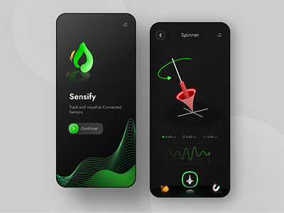 Sensify: Android Senors Visualization App accelerometer android androidapp concept dark darktheme green gyroscope iot logo plant robotics sense sensors spinner theme