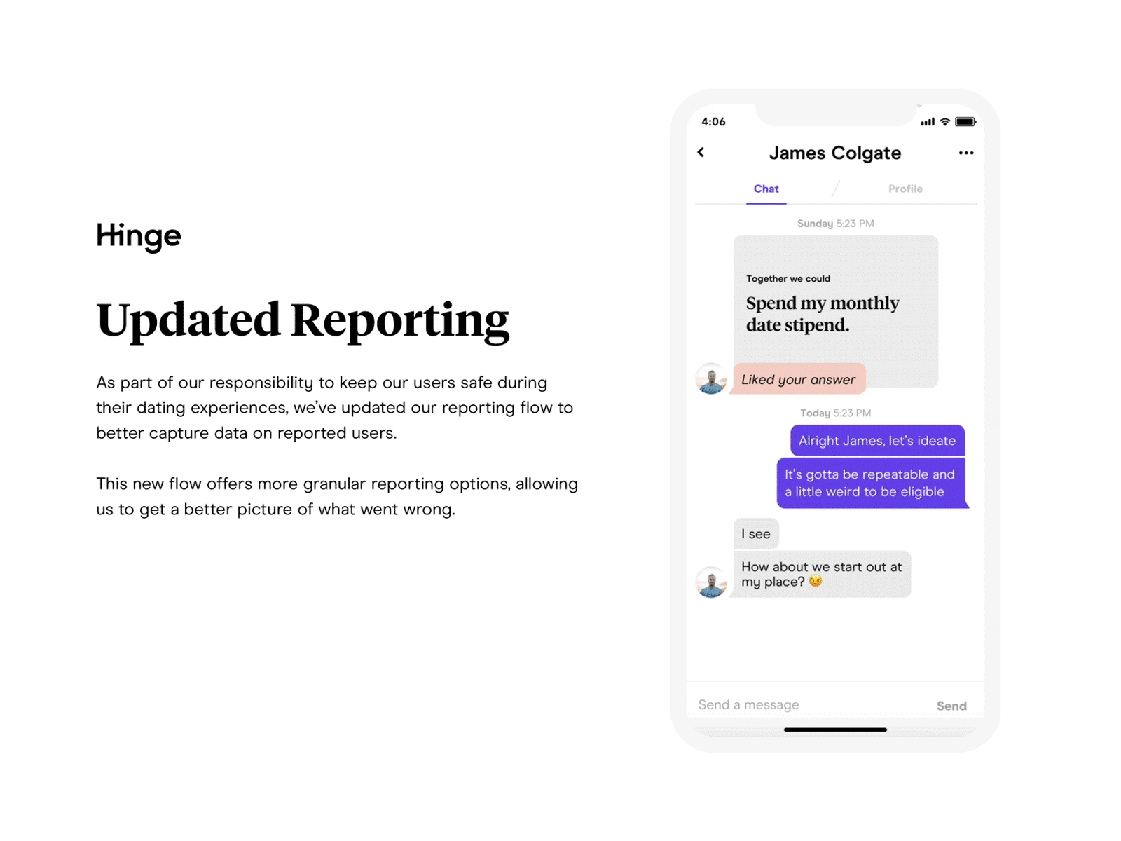 Hinge Reporting ui/ux aftereffects animation appdesign appdesigner bottomsheet datingapp hinge mobileapp mobileappdesign productdesign prototype reporting uxdesign uxpattern uxui