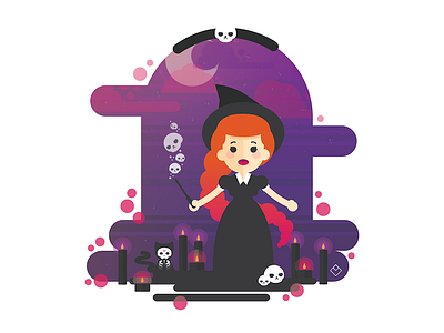 October witch candles cat flat gradient halloween hex illustration purple skulls witch