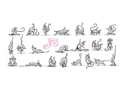 Mouse yoga - illustration of happy mice in yoga asanas branding design icon illustration logo mouse yoga typography vector