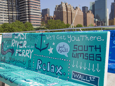 East River Ferry Benches anchor east river ferry hand lettering illustration nautical nyc turquoise typography