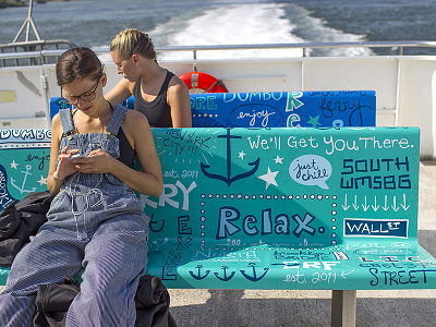 East River Ferry Benches anchor east river ferry hand lettering illustration nautical nyc turquoise typography