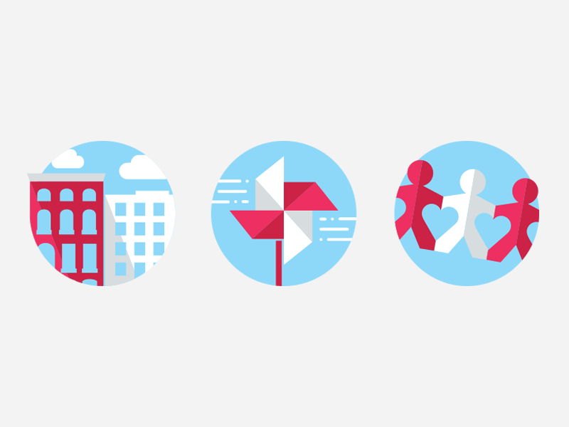 Icon Set blue buildings community figure icon illustration people pinwheel red