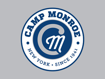 Camp Monroe Crest Logo badge blue camp crest gray monogram navy summer camp