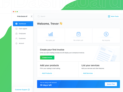 Billing Software Dashboard accounting app clean concept dashboad design green illustration income mockup products sales services ui webapplication white