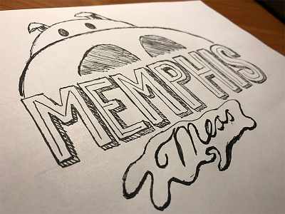 Memphis Mess Barbecue logo barbecue cross hatch shadows food lines logo outlines pen pig sauce typography