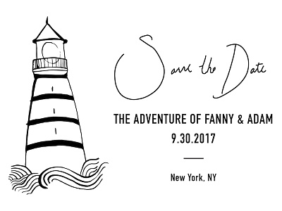 Save the Date card with lighthouse design illustration lettering lighthouse save the date type waves wedding wedding invitation suite