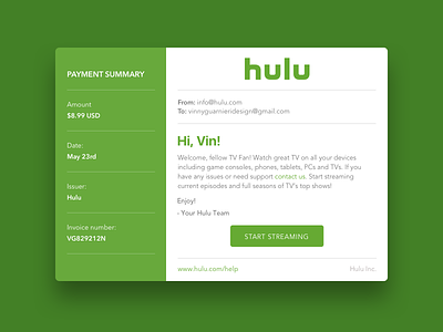 Daily UI Day 017 - Email Receipt 017 daily ui daily ui challenge day 017 email email receipt hulu ui ux