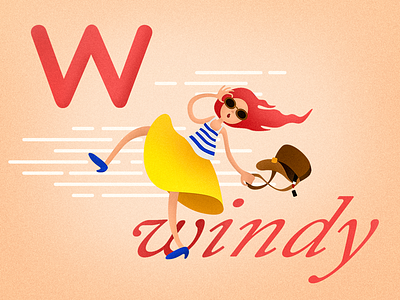 W - windy girl illustration lady letter w weather wind windy
