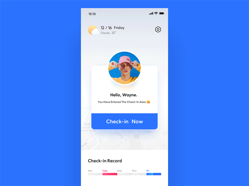 Employee check-in system app blue date gif motion ui weather