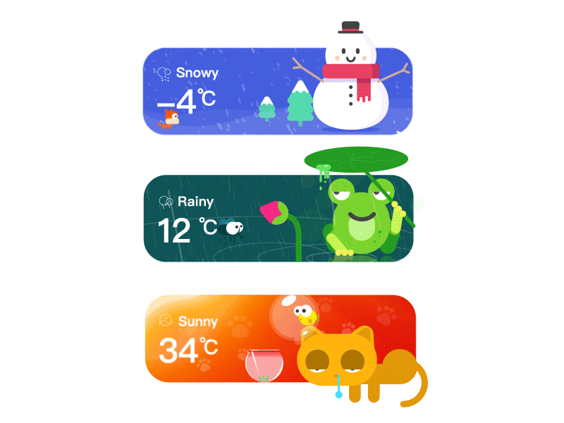 Weather Card Animation animation app card cartoon cat fish frog rain snow snowman sunny weather