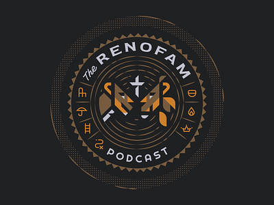 The RenoFam Podcast badge clean geometric illustrator lions logo minimal podcast seal shapes simple soundwaves