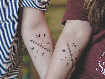 Matching Tattoos forever heart ink j letter location pin love m pencil tat tattoo type