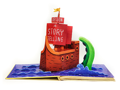 Design Is Storytelling boat book kraken octopus paper pop up book storytelling texture type water waves wood