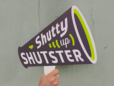 Shutty Up Shutster clean hear megaphone quite shut up type vintage